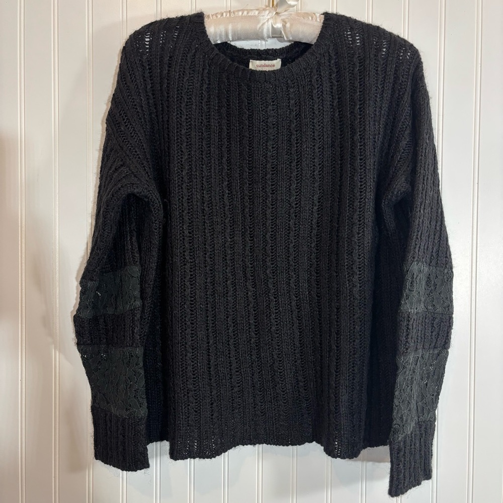 Sundance Womens Black Lace Detail Sweater Size M Alpaca Wool Whimsigoth Romantic